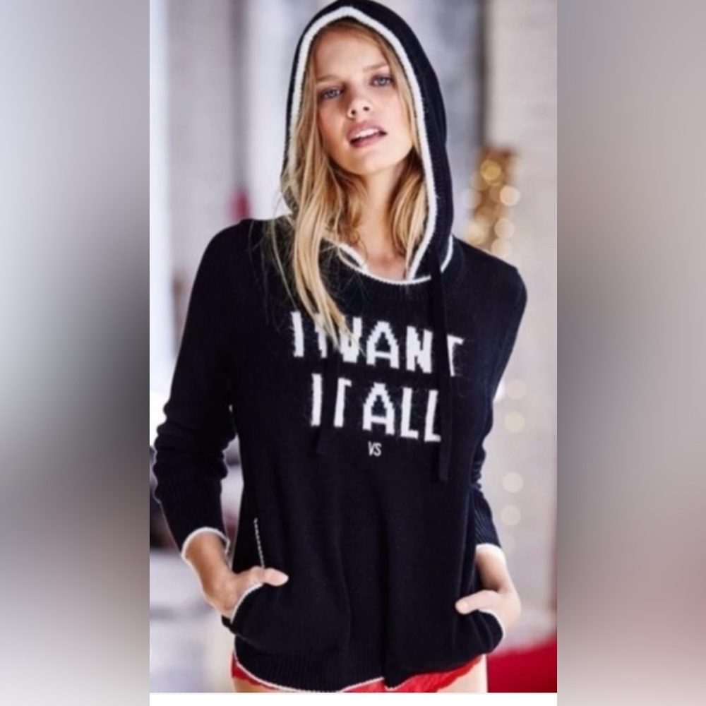 Ultra Rare Victoria’s Secret “I Want it All” Black & White Fuzzy Hoodie Sweater